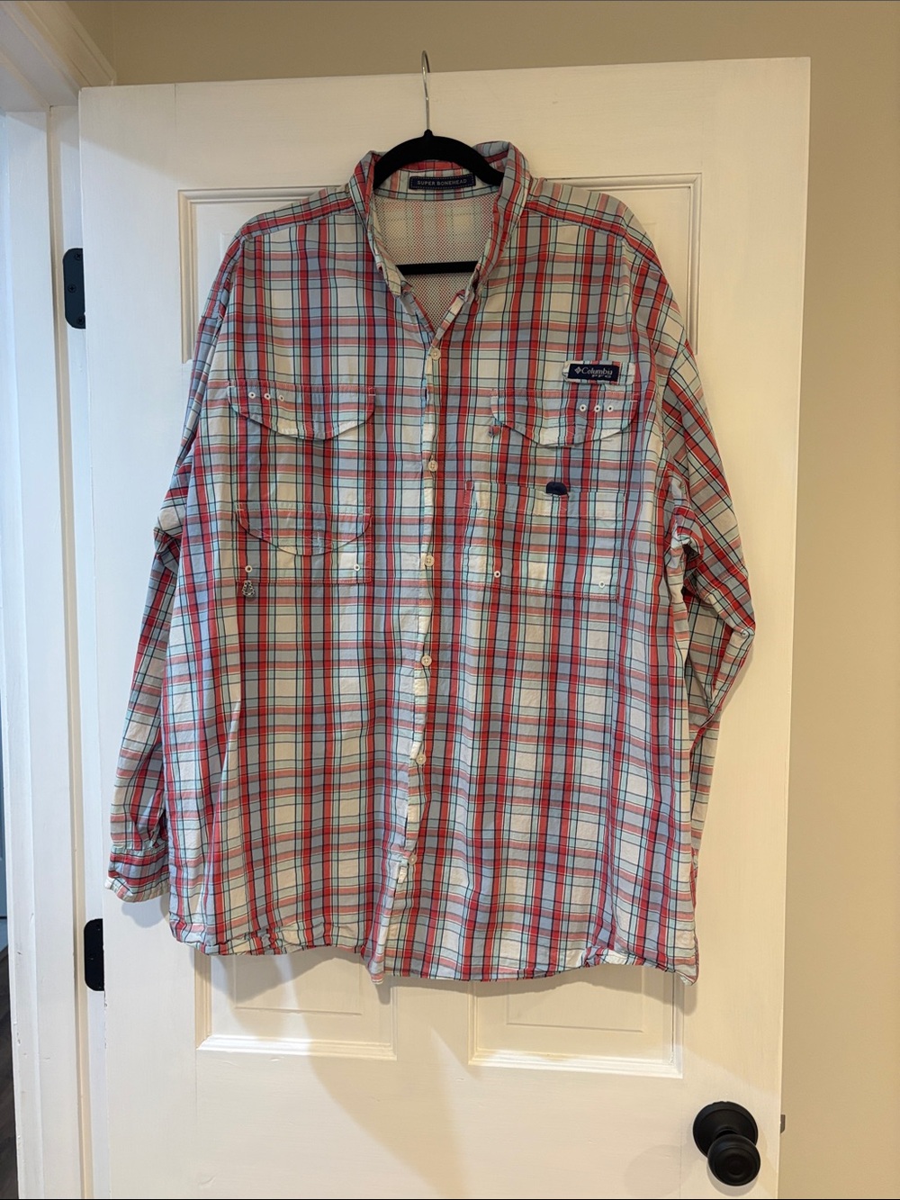 Columbia Men’s Red, White & Blue Plaid Button-Up Shirt